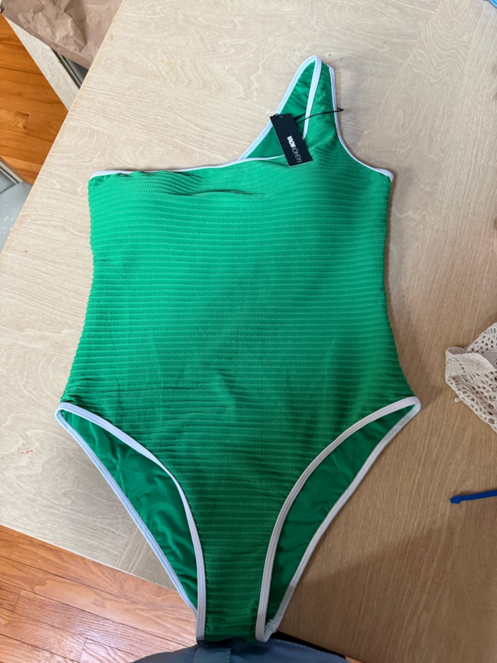 Fashion Nova Green Textured One-Piece Swimsuit with White Trim